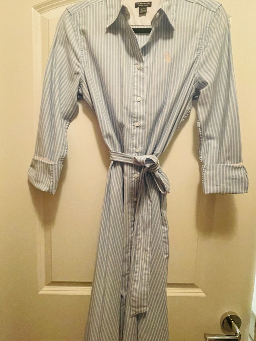 U.S. Polo Assn. Light Blue and White Vertical Stripe Oxford Shirt Dress